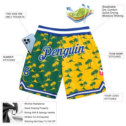 Personalized Basketball Shorts with 3D Palm Trees Design in Kelly Green and Royal Gold - Custom Name and Number Personalized