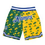 Personalized Basketball Shorts with 3D Palm Trees Design in Kelly Green and Royal Gold - Custom Name and Number Personalized
