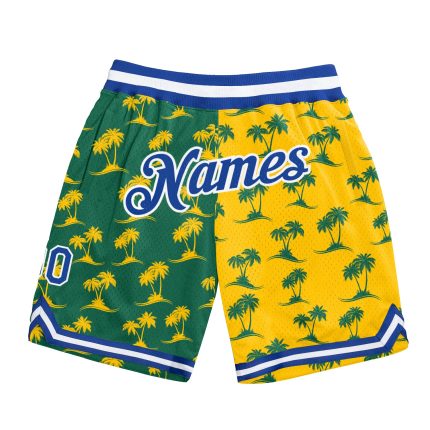 Personalized Basketball Shorts with 3D Palm Trees Design in Kelly Green and Royal Gold - Custom Name and Number Personalized