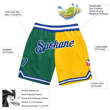 Custom Name and Number Basketball Shorts - Authentic Kelly Green Royal-Gold Throwback Split Fashion Design Personalized Kelly