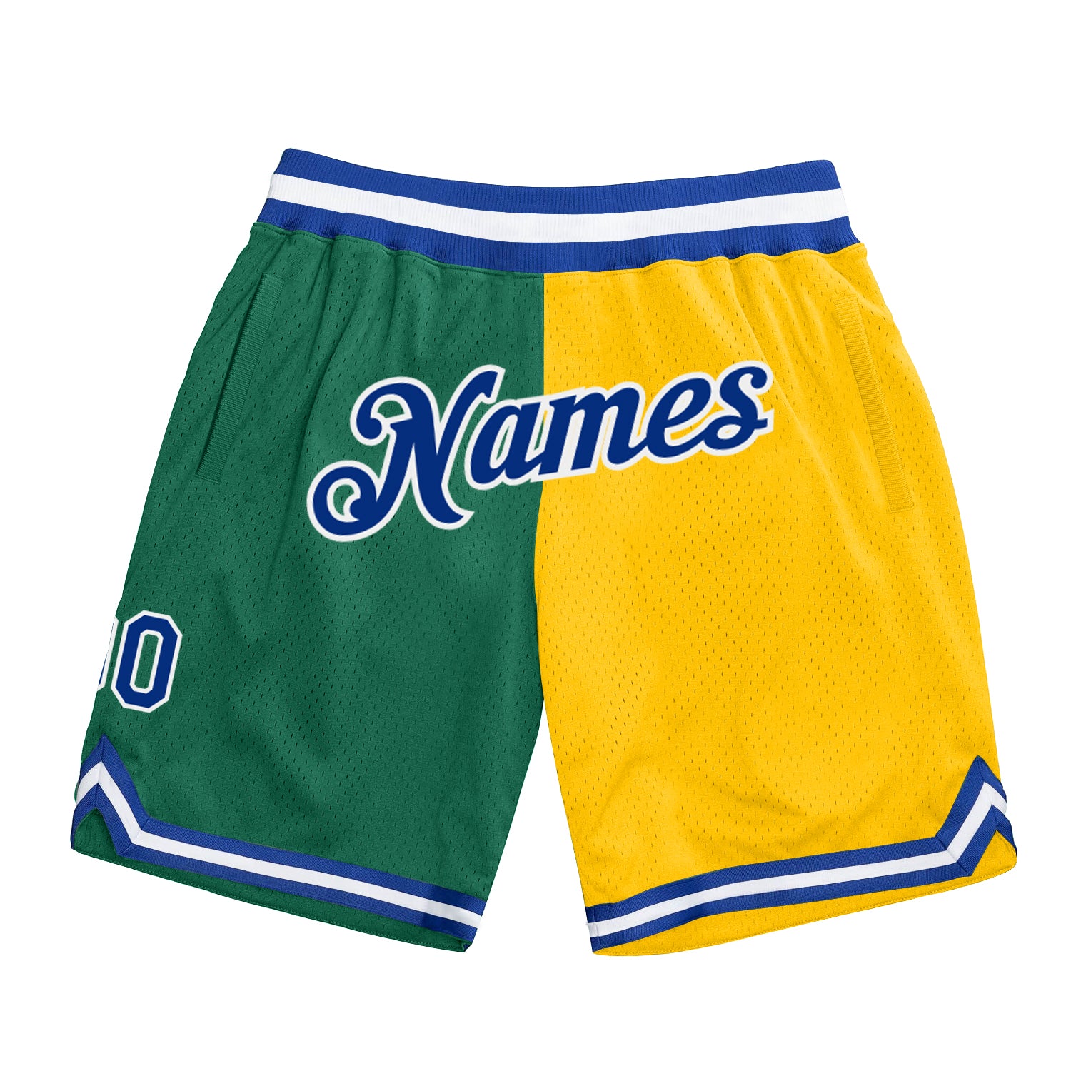 Custom Name and Number Basketball Shorts - Authentic Kelly Green Royal-Gold Throwback Split Fashion Design Personalized Kelly