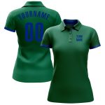 Custom Team Name Number Golf Polo Shirt Kelly Green Royal Performance Personalized Kelly Green Royal Performance Golf Polo