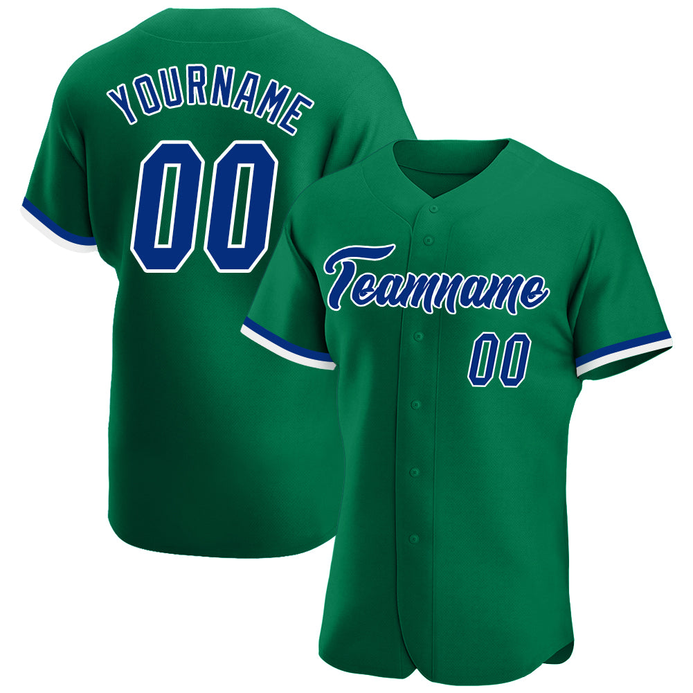 Custom Name and Number Kelly Green Royal-White Authentic Baseball Jersey - Personalized Team Apparel Personalized Kelly Green