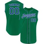 Custom Team Name and Number Personalized Sleeveless Baseball Jersey in Kelly Green and Royal-White Personalized Kelly Green