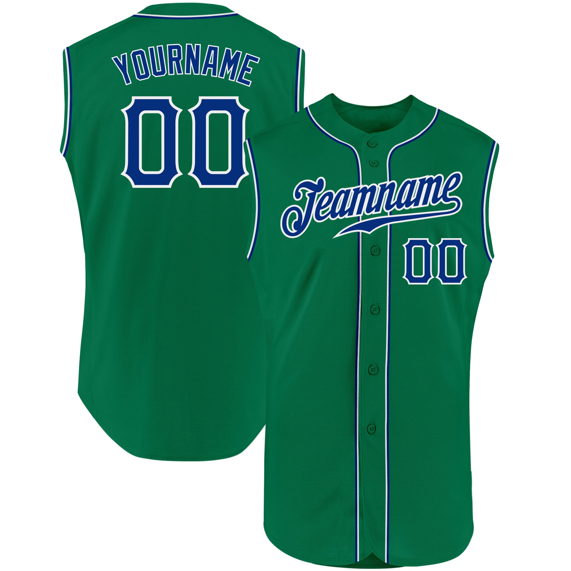 Custom Team Name and Number Personalized Sleeveless Baseball Jersey in Kelly Green and Royal-White Personalized Kelly Green