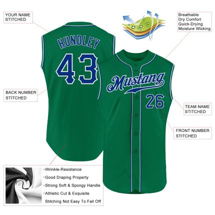 Custom Team Name and Number Personalized Sleeveless Baseball Jersey in Kelly Green and Royal-White Personalized Kelly Green