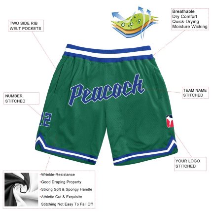 Custom Team Name and Number Kelly Green Royal-White Basketball Shorts - Authentic Throwback Style Personalized Kelly Green