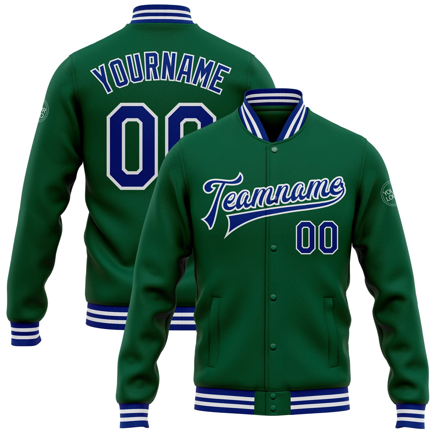 Custom Name and Number Varsity Bomber Jacket in Kelly Green Royal-White, Full-Snap Letterman Style Personalized Kelly Green