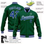 Custom Name and Number Varsity Bomber Jacket in Kelly Green Royal-White, Full-Snap Letterman Style Personalized Kelly Green
