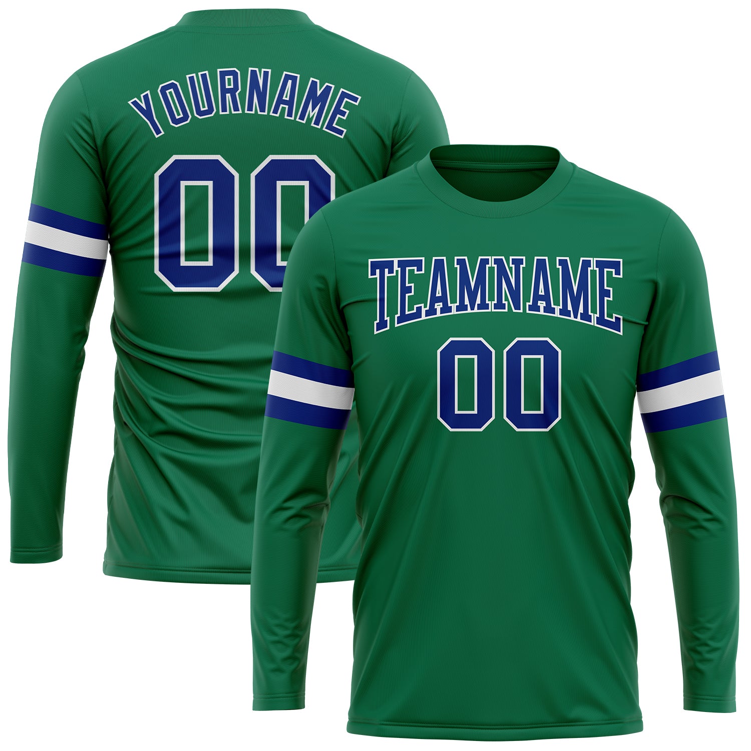 Custom Name and Number Long Sleeve Performance T-Shirt - Kelly Green Royal-White Salute to Service Design Personalized Kelly