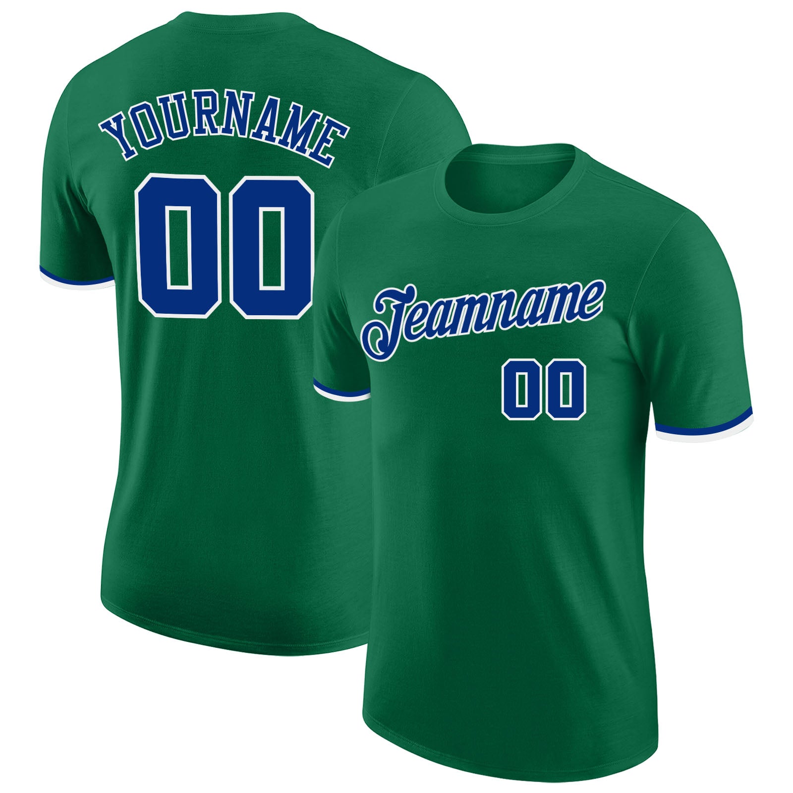 Custom Team Name and Number Kelly Green Royal-White Performance T-Shirt - Personalized Sports Apparel Personalized Kelly
