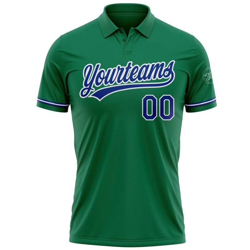 Custom Name Number Performance Golf Polo Shirt - Kelly Green Royal-White Personalized Kelly Green Royal-White Performance