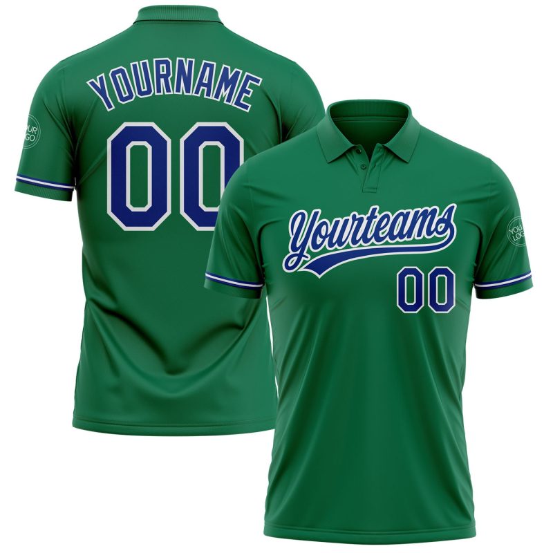 Custom Name Number Performance Golf Polo Shirt - Kelly Green Royal-White Personalized Kelly Green Royal-White Performance