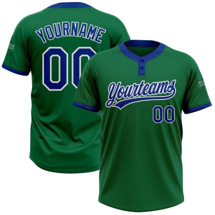 Custom Name and Number Softball Jersey - Unisex Two-Button Kelly Green Royal-White Personalized Kelly Green Royal-White Two-Button