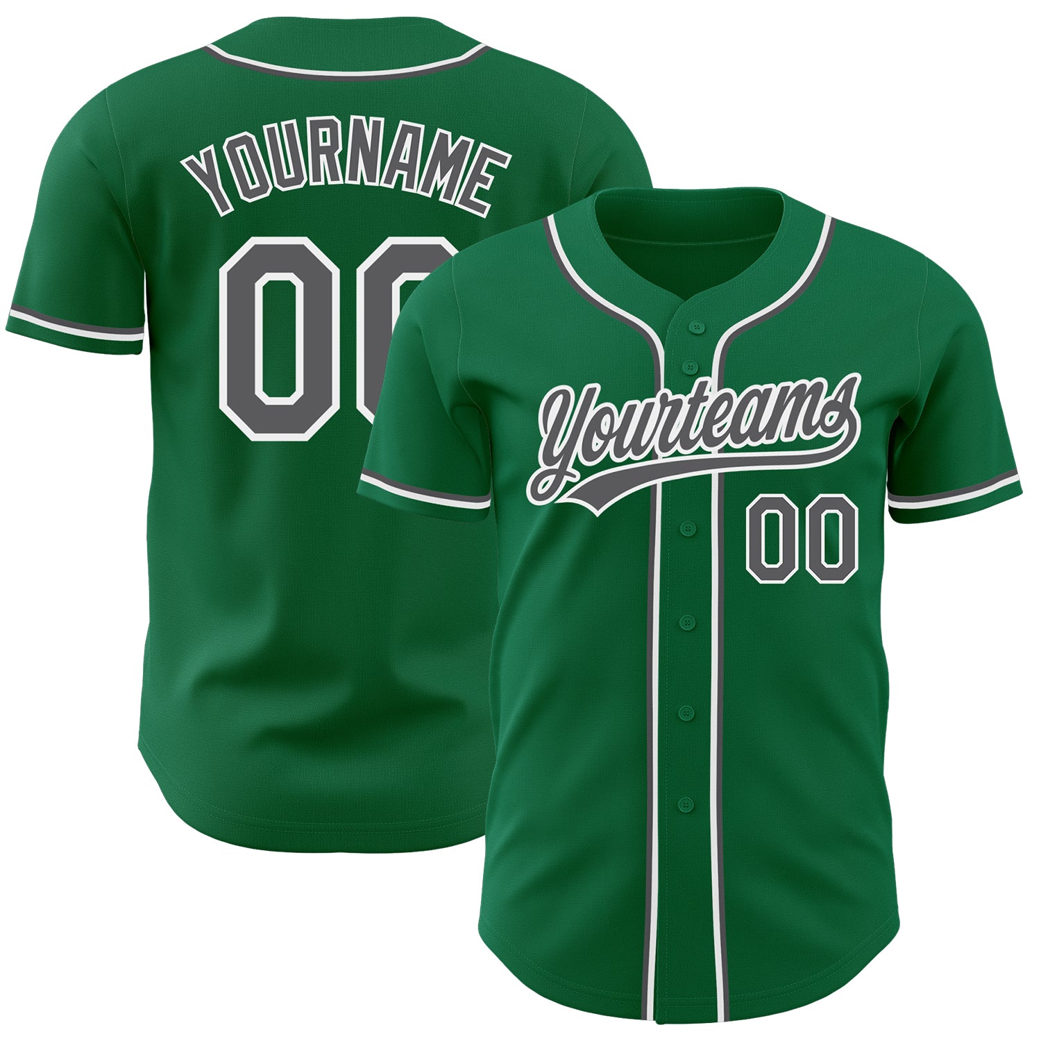 Personalized Kelly Green Baseball Jersey - Authentic Gray-White Design Personalized Kelly Green Steel Gray-White Authentic