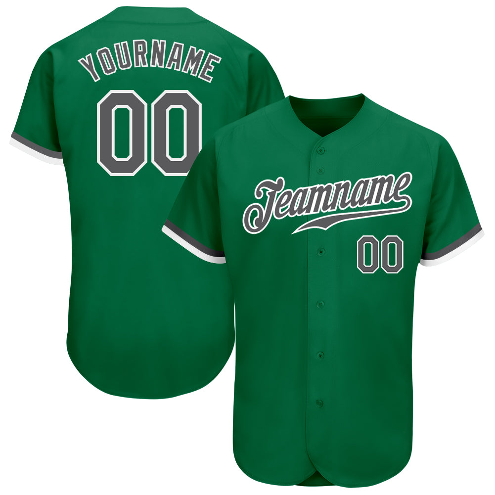 Custom Name and Number Baseball Jersey in Kelly Green Steel Gray-White - Authentic Team Apparel Personalized Kelly Green
