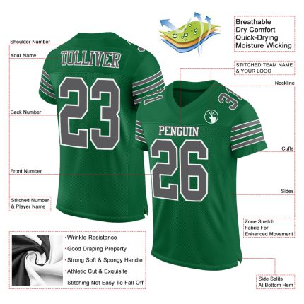 Custom Name and Number Authentic Football Jersey - Kelly Green, Steel Gray, White Mesh Personalized Kelly Green Steel Gray-White