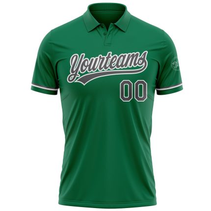 Custom Team Name Number Golf Polo Shirt Kelly Green Steel Gray-White Performance Personalized Kelly Green Steel Gray-White