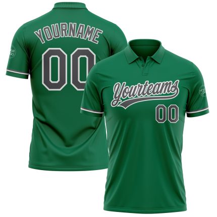 Custom Team Name Number Golf Polo Shirt Kelly Green Steel Gray-White Performance Personalized Kelly Green Steel Gray-White