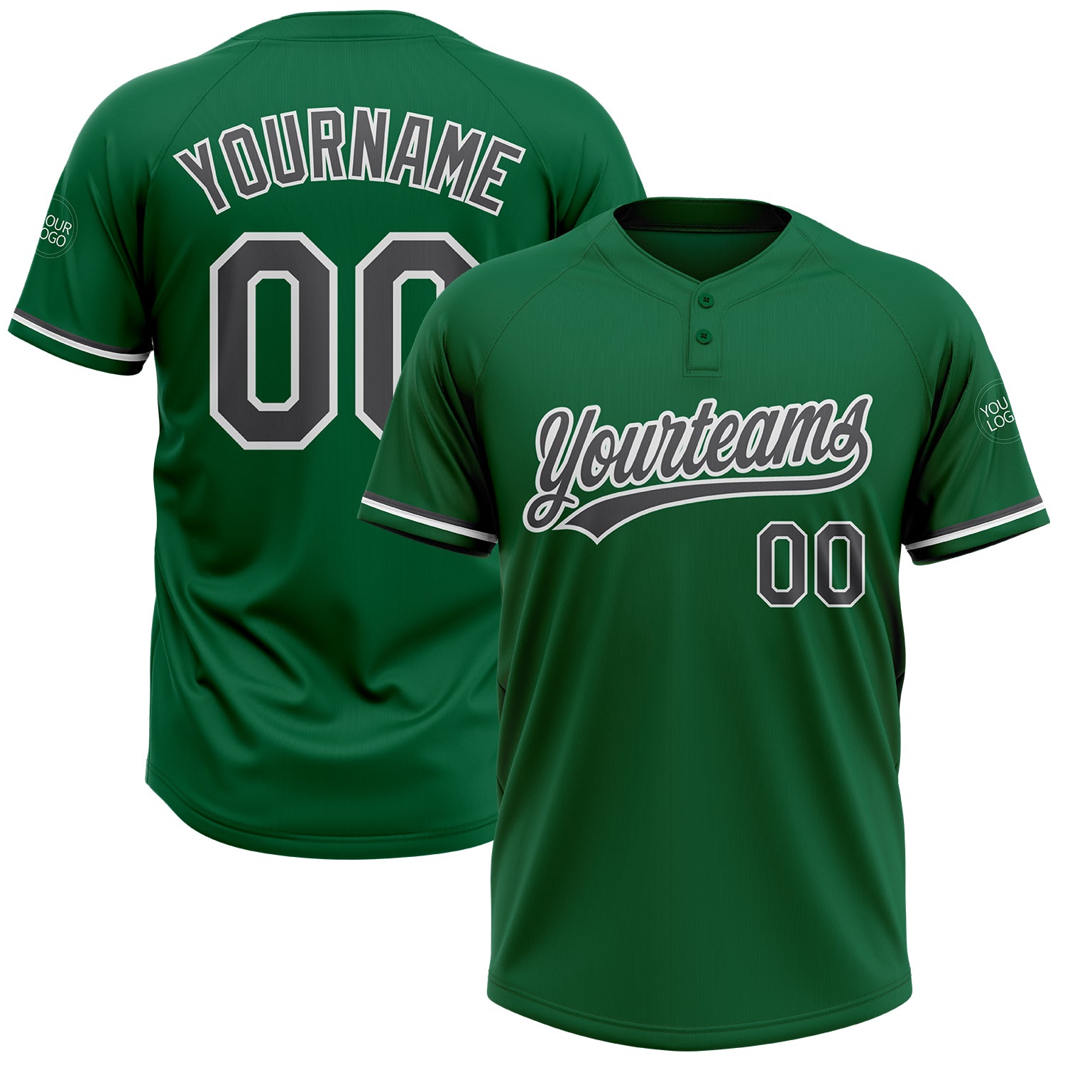 Custom Team Name and Number Softball Jersey for Unisex - Personalized Kelly Green Steel Gray-White Two-Button Design Personalized