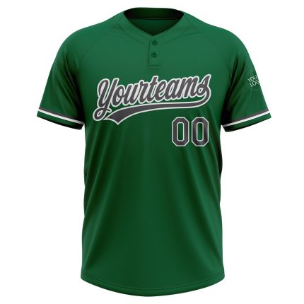 Custom Team Name and Number Softball Jersey for Unisex - Personalized Kelly Green Steel Gray-White Two-Button Design Personalized