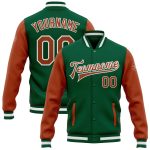 Custom Name Number Kelly Green Texas Orange White Two Tone Varsity Bomber Full-Snap Letterman Jacket Personalized Kelly Green