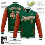 Custom Name Number Kelly Green Texas Orange White Two Tone Varsity Bomber Full-Snap Letterman Jacket Personalized Kelly Green