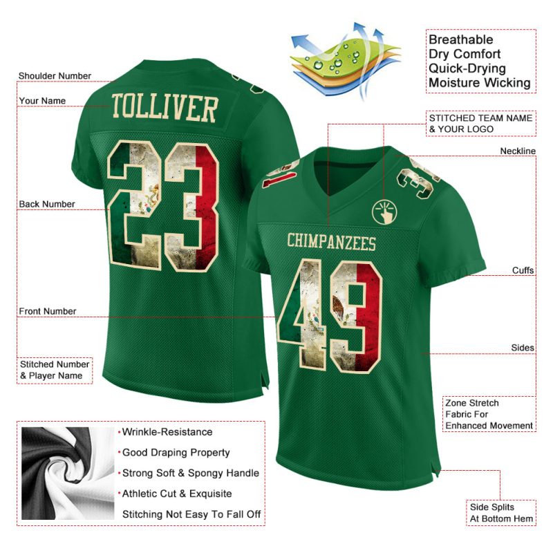 Custom Name and Number Kelly Green Vintage Mexican Flag Football Jersey Mesh Authentic Cream Team Personalized Kelly Green