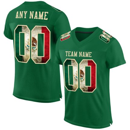 Custom Name and Number Kelly Green Vintage Mexican Flag Football Jersey Mesh Authentic Cream Team Personalized Kelly Green