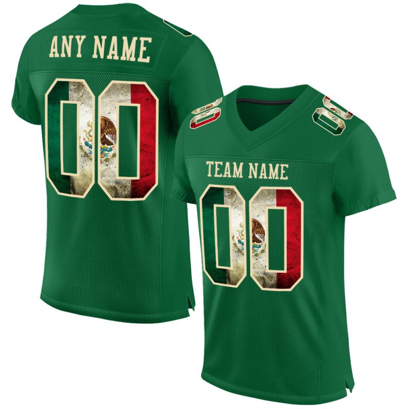 Custom Name and Number Kelly Green Vintage Mexican Flag Football Jersey Mesh Authentic Cream Team Personalized Kelly Green