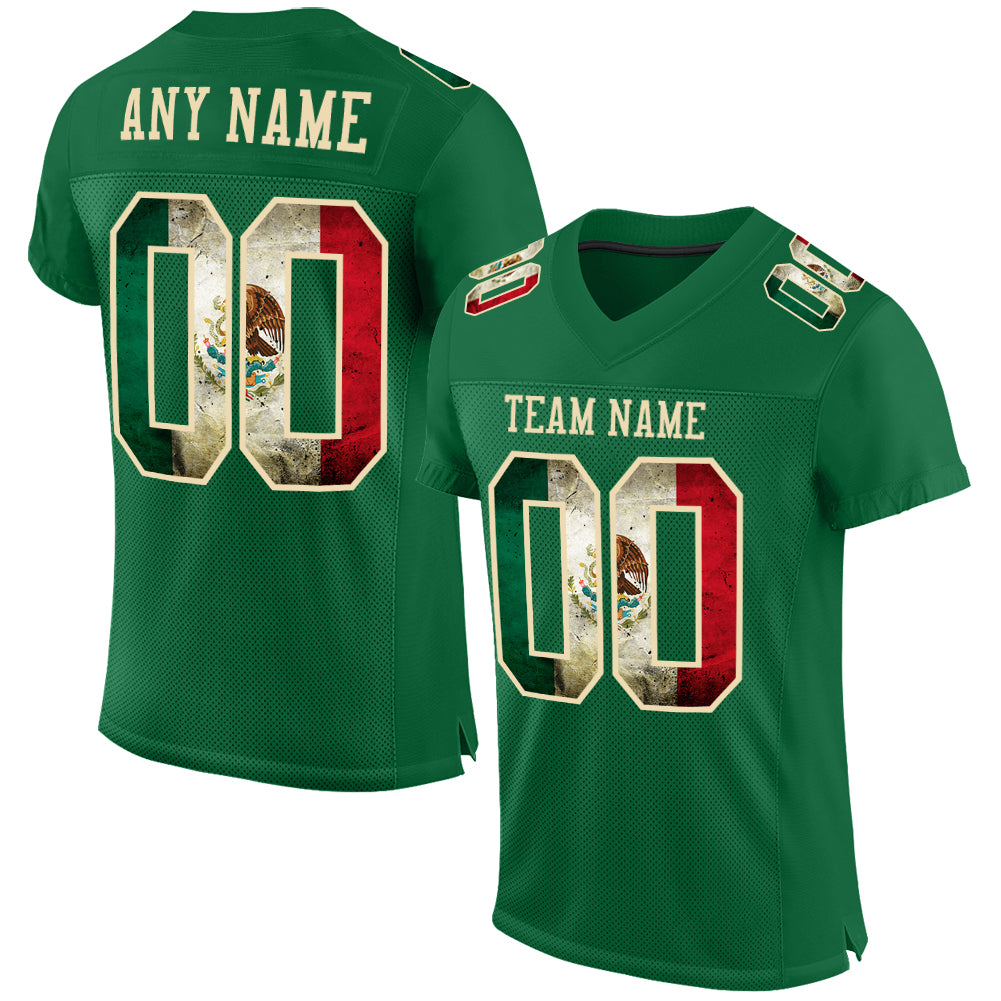 Custom Name and Number Kelly Green Vintage Mexican Flag Football Jersey Mesh Authentic Cream Team Personalized Kelly Green