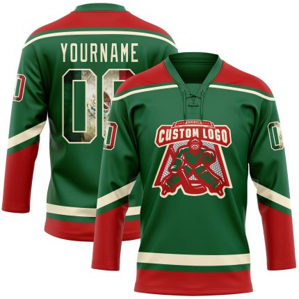 Personalized Vintage Mexican Flag Hockey Jersey with Custom Name & Number - Kelly Green, Cream-Red Lace Neck Personalized