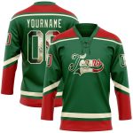 Personalized Vintage Mexican Flag Hockey Jersey with Custom Name & Number - Kelly Green, Cream-Red Lace Neck Personalized