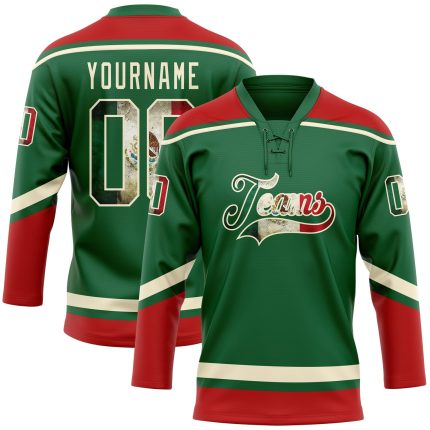 Personalized Vintage Mexican Flag Hockey Jersey with Custom Name & Number - Kelly Green, Cream-Red Lace Neck Personalized
