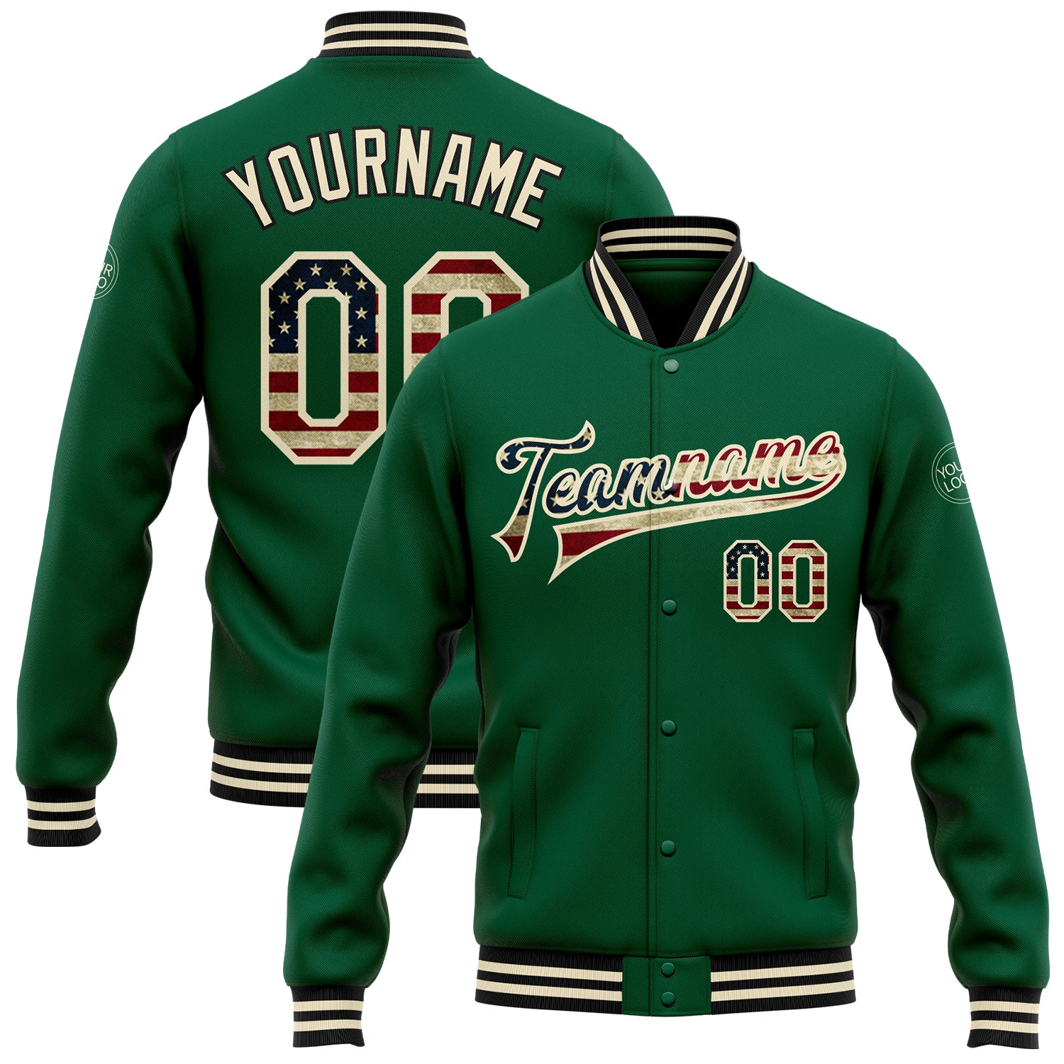 Custom Name and Number Vintage USA Flag Bomber Jacket - Kelly Green Cream-Black Varsity Letterman Full-Snap Personalized