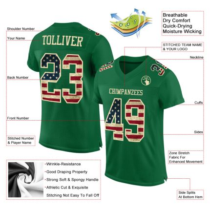 Custom Vintage USA Flag Football Jersey - Personalized Kelly Green Mesh with Team Name and Number Personalized Kelly Green