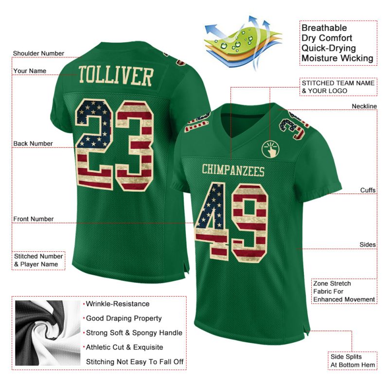 Custom Vintage USA Flag Football Jersey - Personalized Kelly Green Mesh with Team Name and Number Personalized Kelly Green