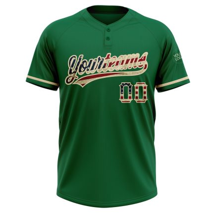 Custom Name and Number Vintage USA Flag Kelly Green Unisex Softball Jersey - Two-Button Cream Team Apparel Personalized Kelly