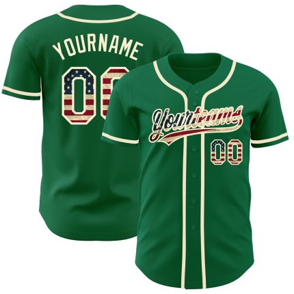 Custom Kelly Green Vintage USA Flag Baseball Jersey with Personalized Name and Number - Authentic Design Personalized Kelly