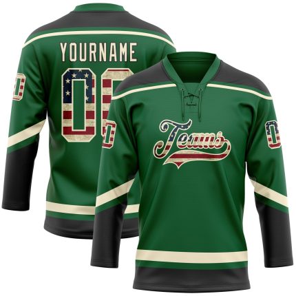 Custom Name and Number Vintage USA Flag Hockey Jersey - Personalized Kelly Green with Cream-Black Lace Neck Personalized