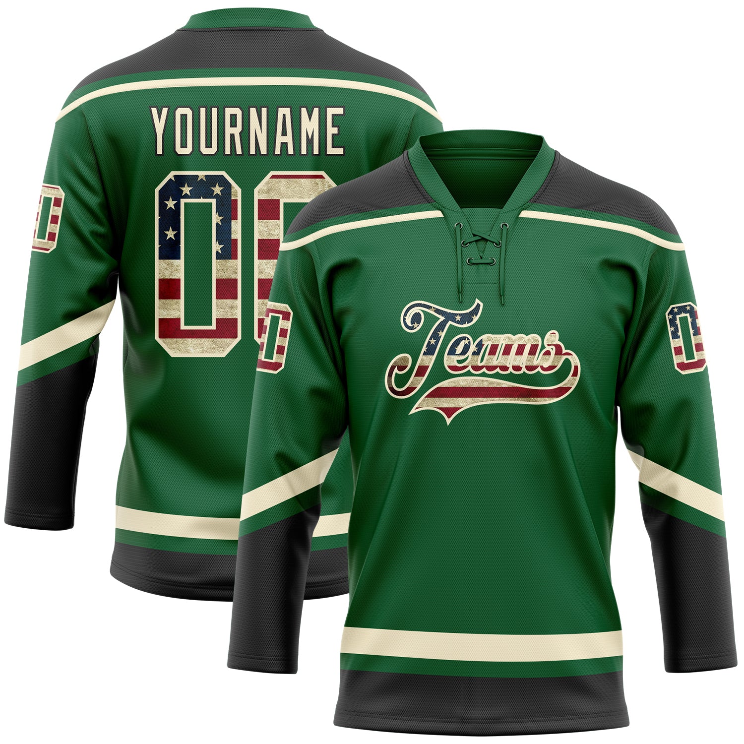 Custom Name and Number Vintage USA Flag Hockey Jersey - Personalized Kelly Green with Cream-Black Lace Neck Personalized