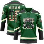 Custom Name and Number Vintage USA Flag Hockey Jersey - Personalized Kelly Green with Cream-Black Lace Neck Personalized