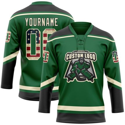 Custom Name and Number Vintage USA Flag Hockey Jersey - Personalized Kelly Green with Cream-Black Lace Neck Personalized