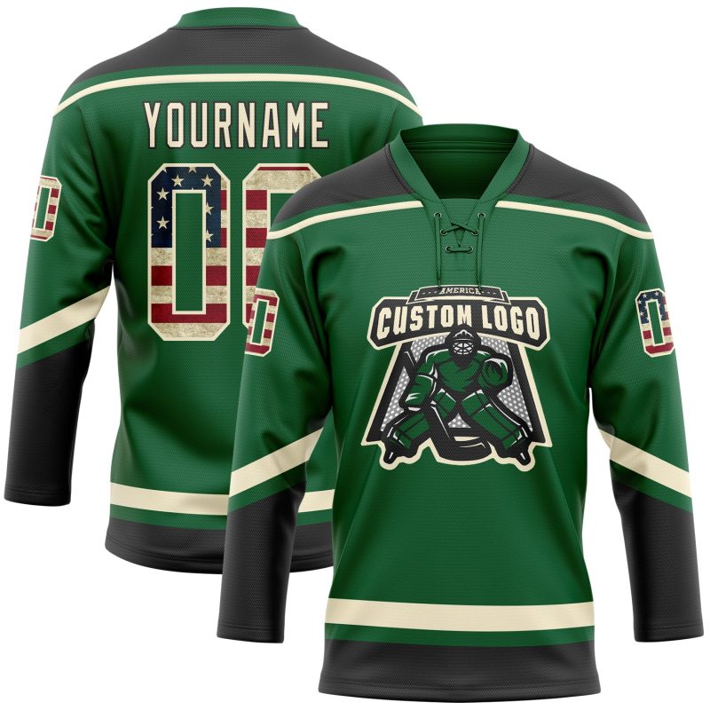 Custom Name and Number Vintage USA Flag Hockey Jersey - Personalized Kelly Green with Cream-Black Lace Neck Personalized