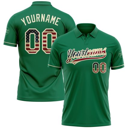 Custom Name Number Vintage USA Flag Golf Polo Shirt Kelly Green Cream Performance Personalized Kelly Green Vintage USA Flag-Cream