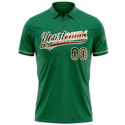 Custom Name Number Vintage USA Flag Golf Polo Shirt Kelly Green Cream Performance Personalized Kelly Green Vintage USA Flag-Cream