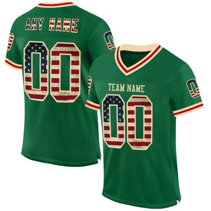 Personalized Vintage USA Flag Football Jersey with Custom Name and Number, Kelly Green Cream-Red Mesh Authentic Team Gear
