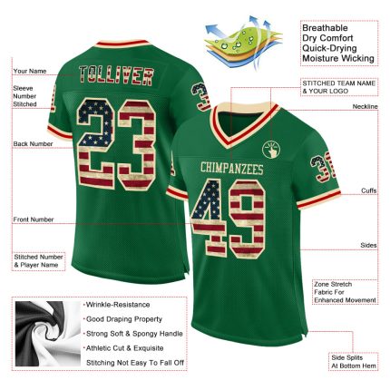 Personalized Vintage USA Flag Football Jersey with Custom Name and Number, Kelly Green Cream-Red Mesh Authentic Team Gear