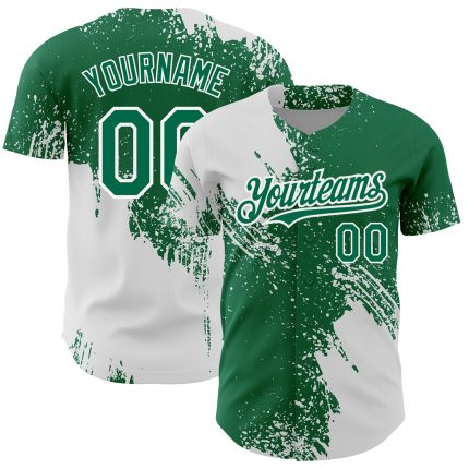 Custom Name and Number Kelly Green Abstract Brush Stroke 3D Pattern Baseball Jersey Personalized Kelly Green White 3D Pattern