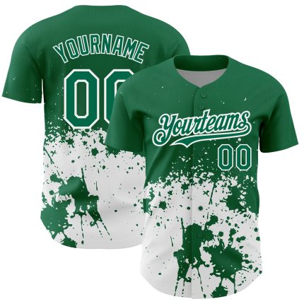 Custom Name and Number Authentic Baseball Jersey 3D Pattern Design in Kelly Green and White Abstract Splash Art Personalized